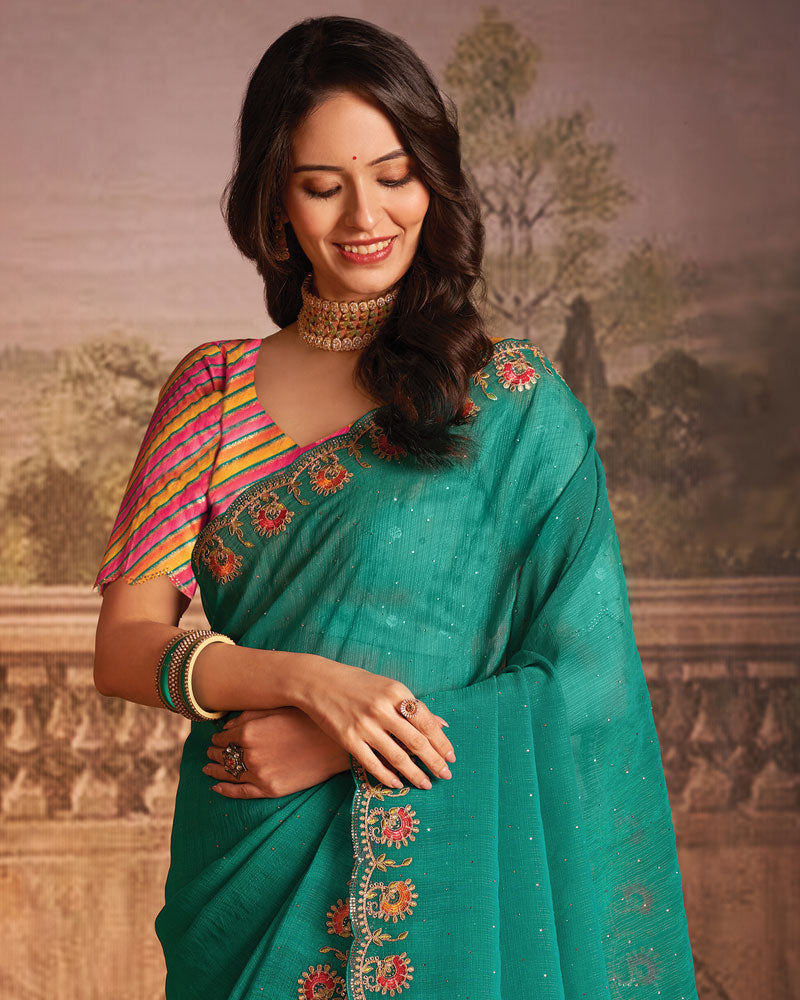 Vishal Prints Deep Sea Green Designer Zari-Chiffon Saree With Diamond Work And Cut Work Embroidery Border