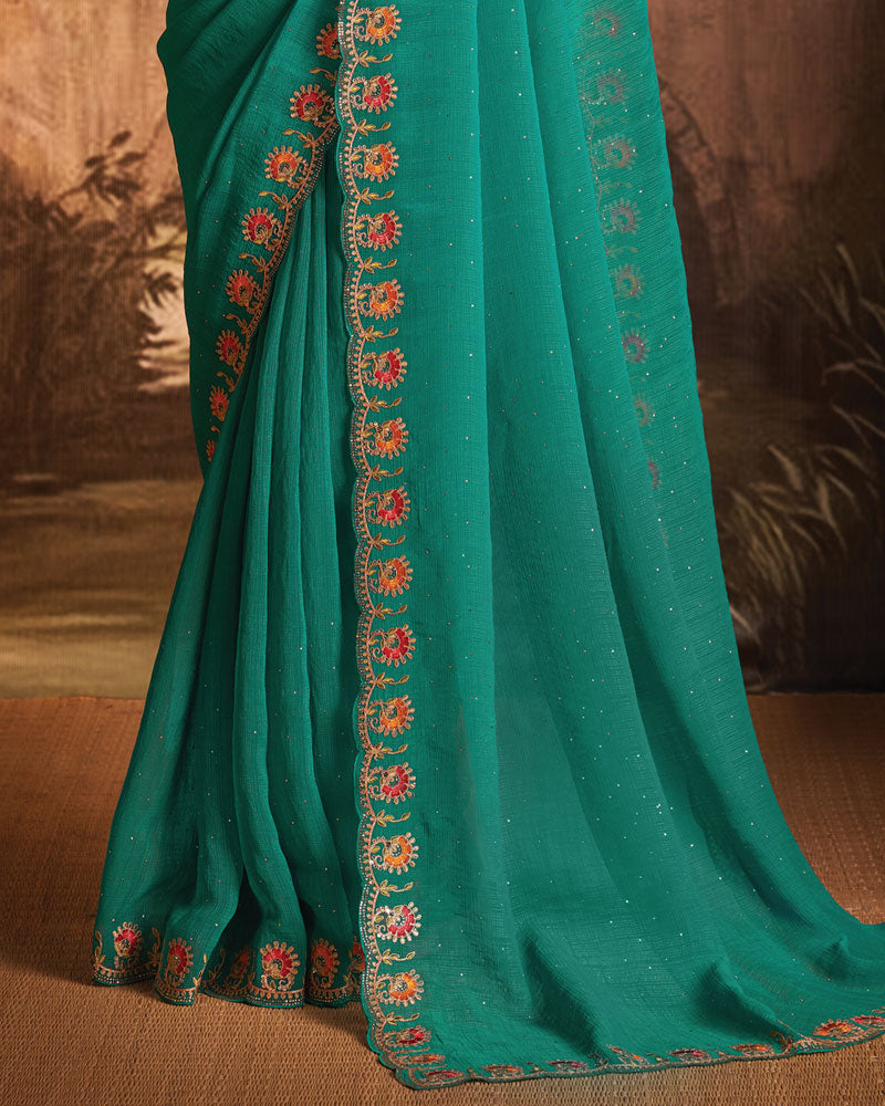 Vishal Prints Deep Sea Green Designer Zari-Chiffon Saree With Diamond Work And Cut Work Embroidery Border