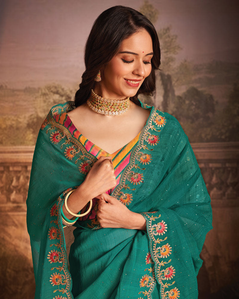 Vishal Prints Deep Sea Green Designer Zari-Chiffon Saree With Diamond Work And Cut Work Embroidery Border