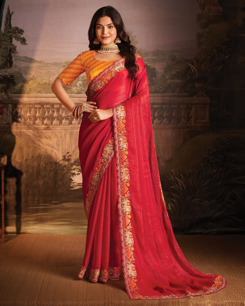 Vishal Prints Lava Red Designer Patterned Chiffon Saree With Diamond Work And Cut Work Embroidery Border