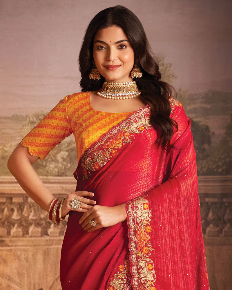 Vishal Prints Lava Red Designer Patterned Chiffon Saree With Diamond Work And Cut Work Embroidery Border