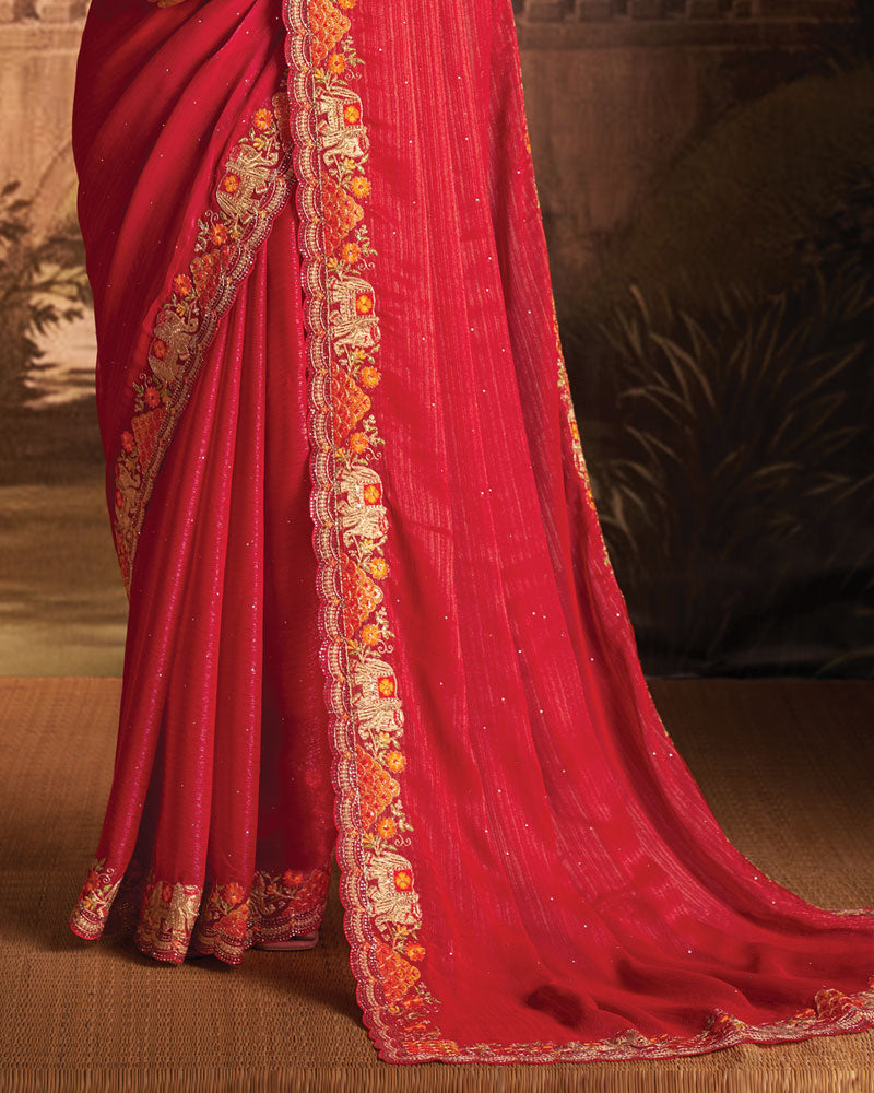 Vishal Prints Lava Red Designer Patterned Chiffon Saree With Diamond Work And Cut Work Embroidery Border