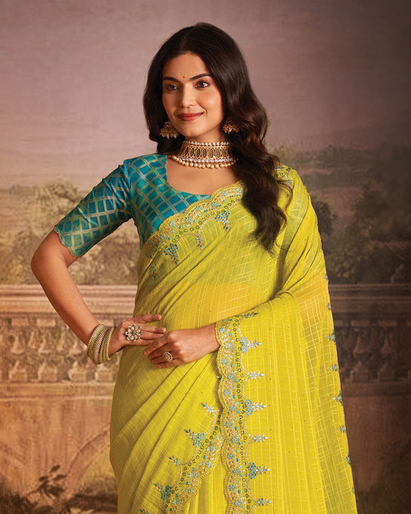 Vishal Prints Bright Yellow Designer Zari-Chiffon Saree With Diamond Work And Cut Work Embroidery Border