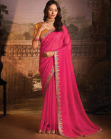 Vishal Prints Raspberry Pink Designer Zari-Chiffon Saree With Diamond Work And Cut Work Embroidery Border