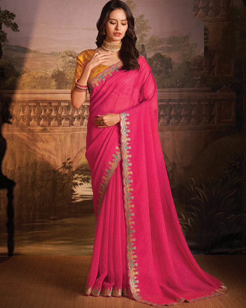 Vishal Prints Raspberry Pink Designer Zari-Chiffon Saree With Diamond Work And Cut Work Embroidery Border