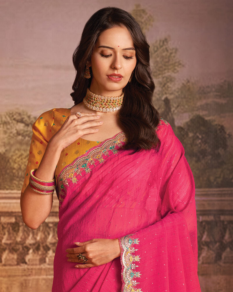Vishal Prints Raspberry Pink Designer Zari-Chiffon Saree With Diamond Work And Cut Work Embroidery Border