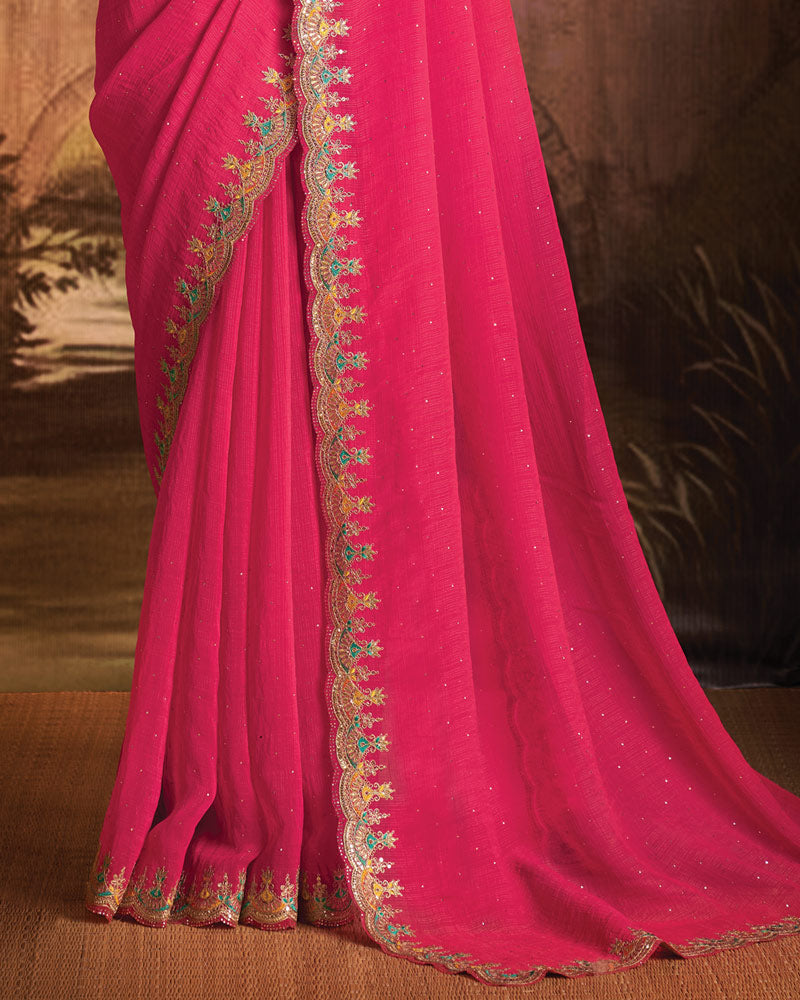 Vishal Prints Raspberry Pink Designer Zari-Chiffon Saree With Diamond Work And Cut Work Embroidery Border