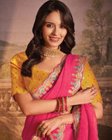 Vishal Prints Raspberry Pink Designer Zari-Chiffon Saree With Diamond Work And Cut Work Embroidery Border