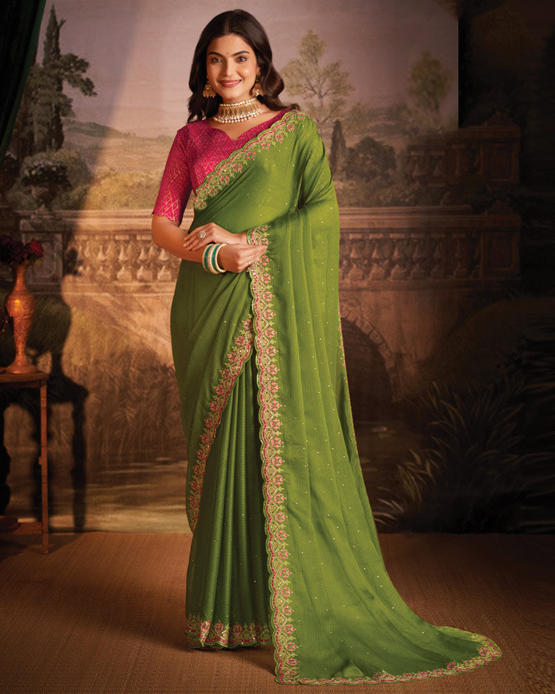 Vishal Prints Light Mehandi Green Designer Zari-Chiffon Saree With Diamond Work And Cut Work Embroidery Border