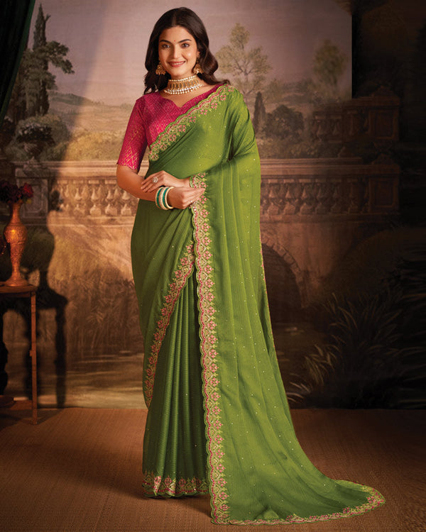 Vishal Prints Light Mehandi Green Designer Zari-Chiffon Saree With Diamond Work And Cut Work Embroidery Border