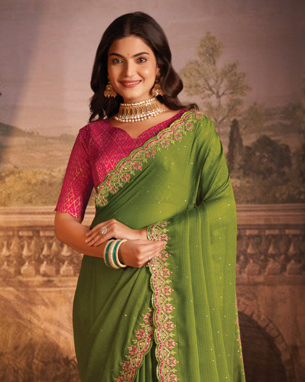 Vishal Prints Light Mehandi Green Designer Zari-Chiffon Saree With Diamond Work And Cut Work Embroidery Border