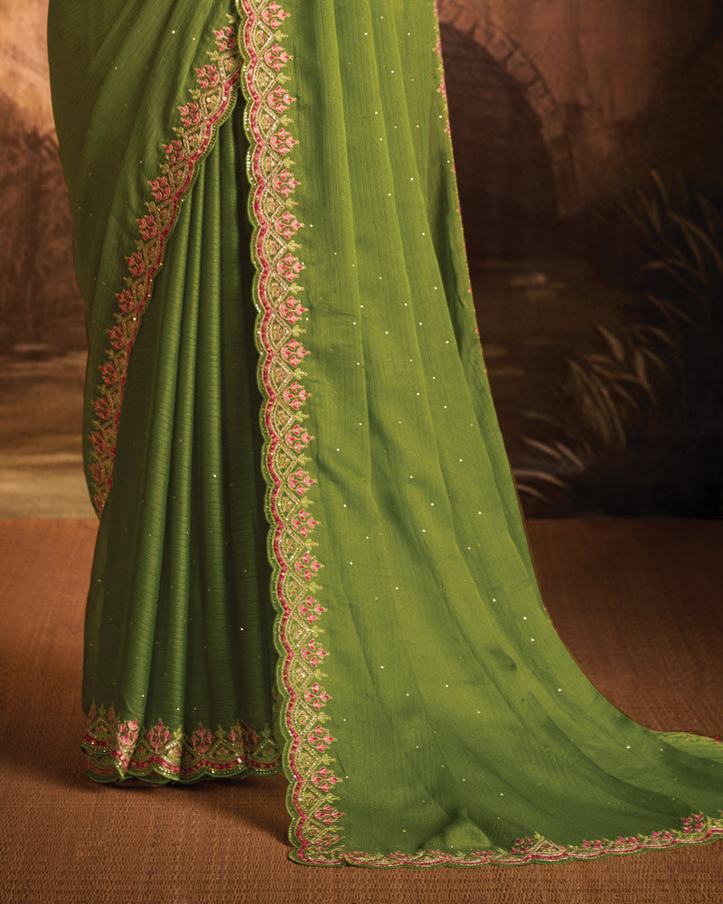 Vishal Prints Light Mehandi Green Designer Zari-Chiffon Saree With Diamond Work And Cut Work Embroidery Border