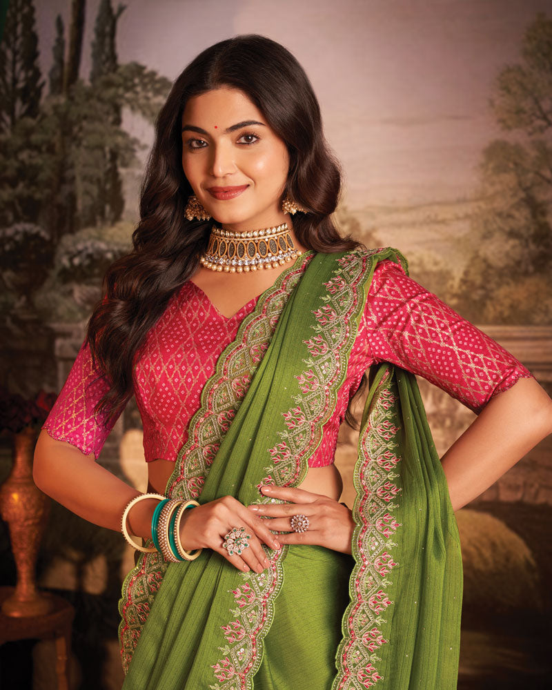 Vishal Prints Light Mehandi Green Designer Zari-Chiffon Saree With Diamond Work And Cut Work Embroidery Border
