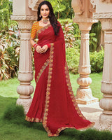 Vishal Prints Brick Red Designer Fancy Chiffon Saree With Embroidery-Diamond Work And Cut Work Border