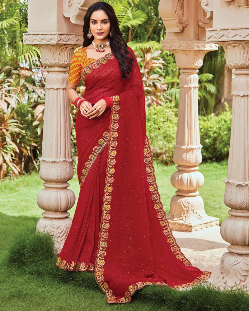 Vishal Prints Brick Red Designer Fancy Chiffon Saree With Embroidery-Diamond Work And Cut Work Border