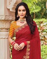 Vishal Prints Brick Red Designer Fancy Chiffon Saree With Embroidery-Diamond Work And Cut Work Border