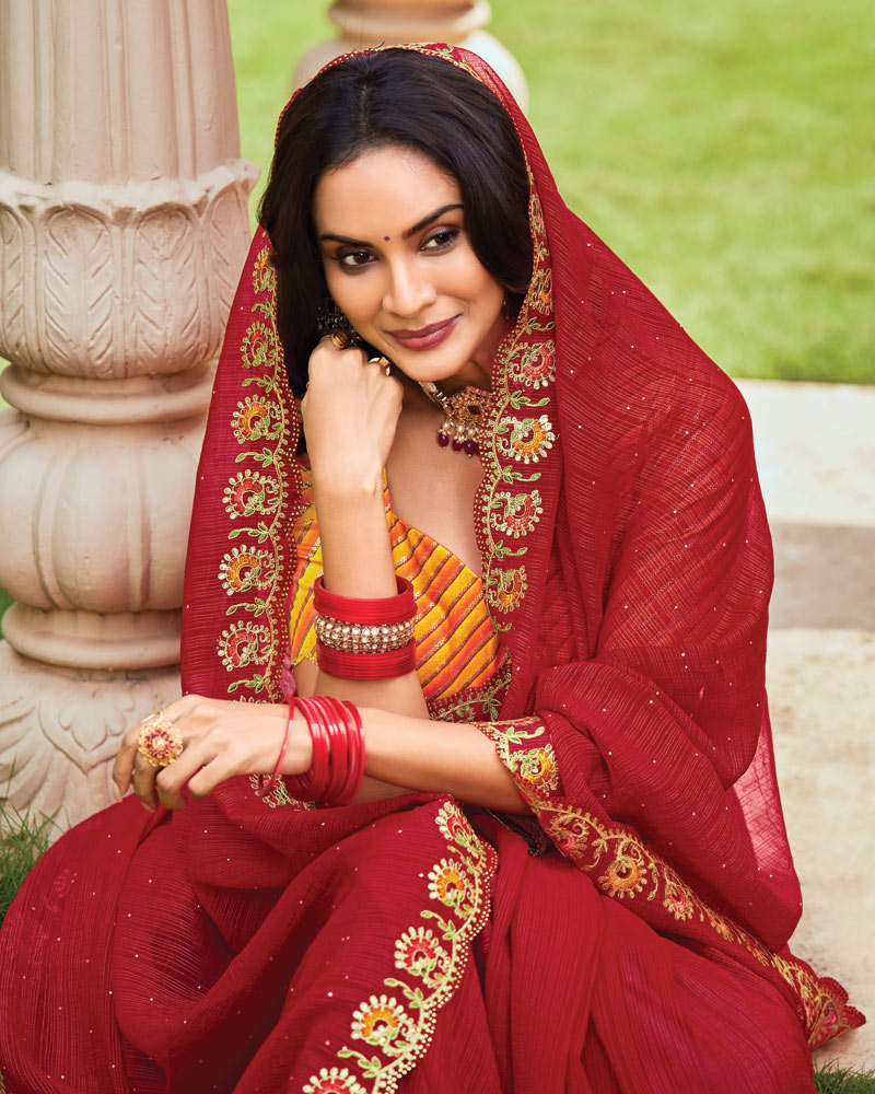 Vishal Prints Brick Red Designer Fancy Chiffon Saree With Embroidery-Diamond Work And Cut Work Border