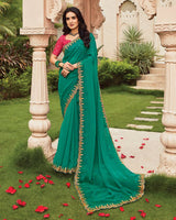 Vishal Prints Pine Green Designer Fancy Chiffon Saree With Embroidery-Diamond Work And Cut Work Border