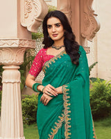Vishal Prints Pine Green Designer Fancy Chiffon Saree With Embroidery-Diamond Work And Cut Work Border