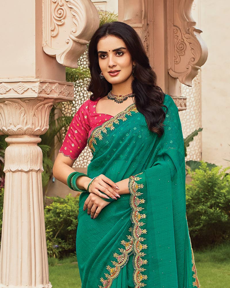 Vishal Prints Pine Green Designer Fancy Chiffon Saree With Embroidery-Diamond Work And Cut Work Border