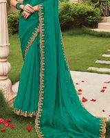 Vishal Prints Pine Green Designer Fancy Chiffon Saree With Embroidery-Diamond Work And Cut Work Border