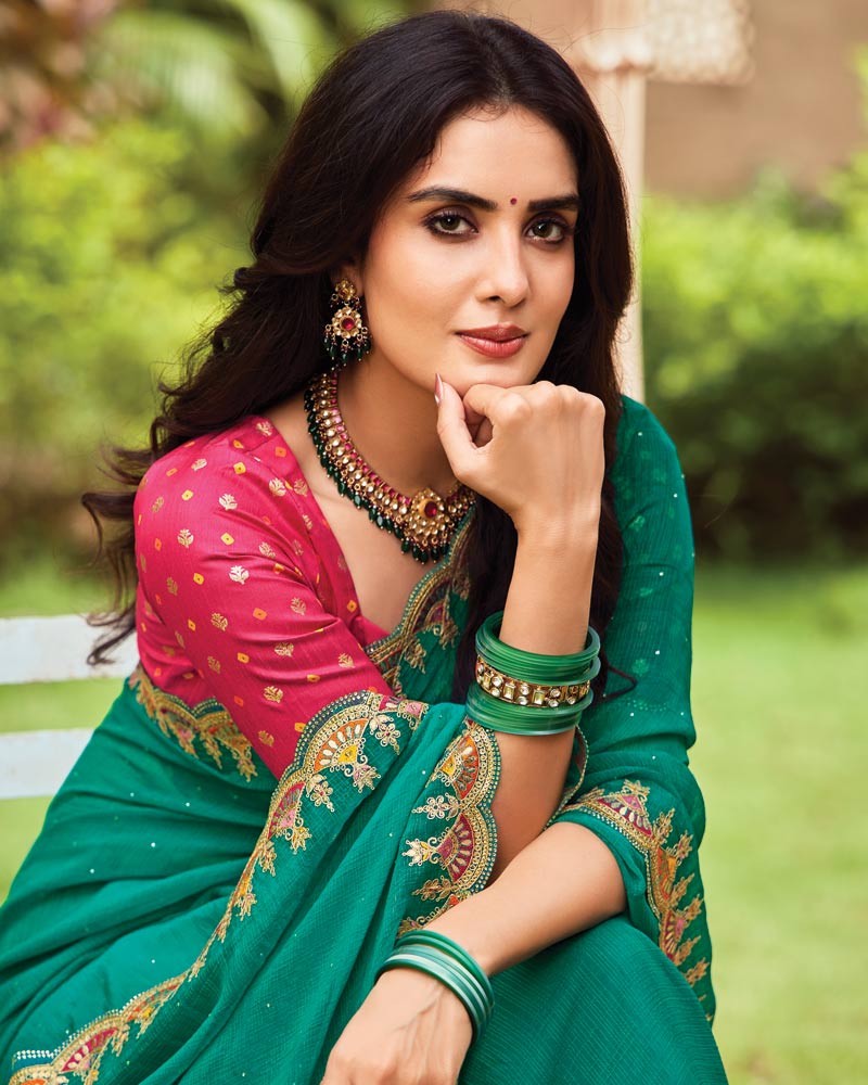 Vishal Prints Pine Green Designer Fancy Chiffon Saree With Embroidery-Diamond Work And Cut Work Border