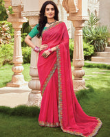 Vishal Prints Pinkish Red Designer Fancy Chiffon Saree With Embroidery-Diamond Work And Cut Work Border