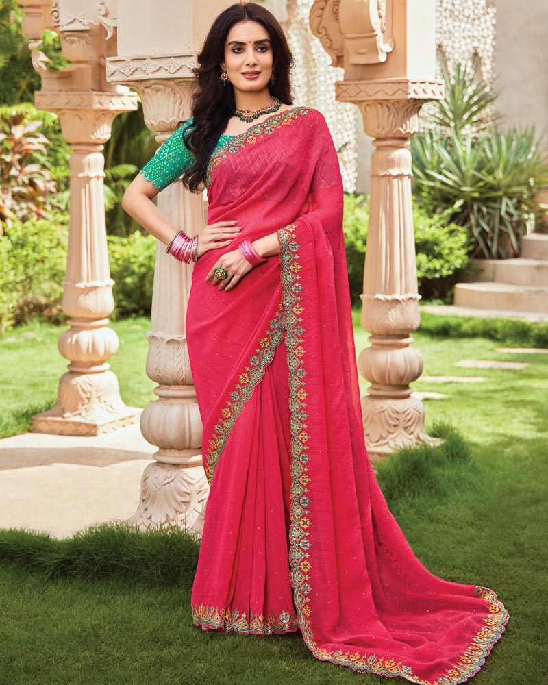 Vishal Prints Pinkish Red Designer Fancy Chiffon Saree With Embroidery-Diamond Work And Cut Work Border