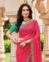 Vishal Prints Pinkish Red Designer Fancy Chiffon Saree With Embroidery-Diamond Work And Cut Work Border