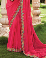 Vishal Prints Pinkish Red Designer Fancy Chiffon Saree With Embroidery-Diamond Work And Cut Work Border
