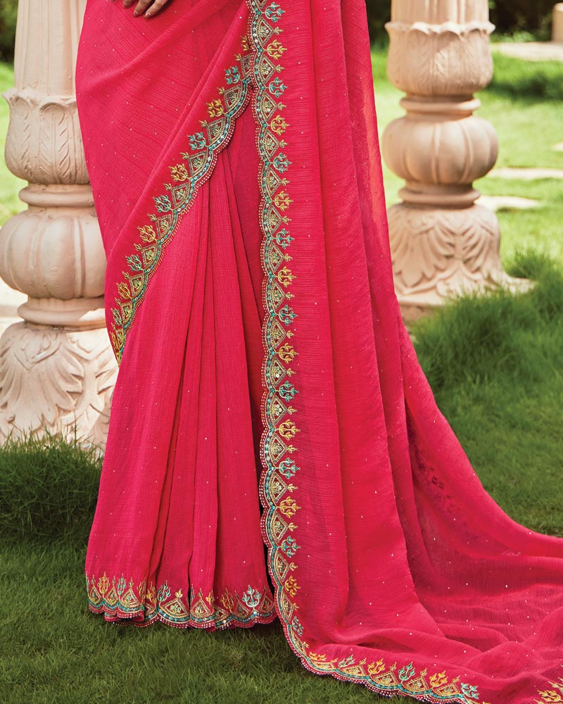 Vishal Prints Pinkish Red Designer Fancy Chiffon Saree With Embroidery-Diamond Work And Cut Work Border