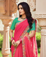 Vishal Prints Pinkish Red Designer Fancy Chiffon Saree With Embroidery-Diamond Work And Cut Work Border
