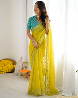 Vishal Prints Orangey Yellow Designer Fancy Chiffon Saree With Embroidery-Diamond Work And Cut Work Border