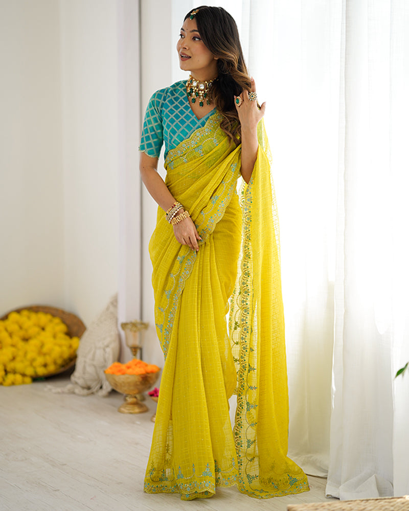 Vishal Prints Orangey Yellow Designer Fancy Chiffon Saree With Embroidery-Diamond Work And Cut Work Border