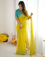 Vishal Prints Orangey Yellow Designer Fancy Chiffon Saree With Embroidery-Diamond Work And Cut Work Border