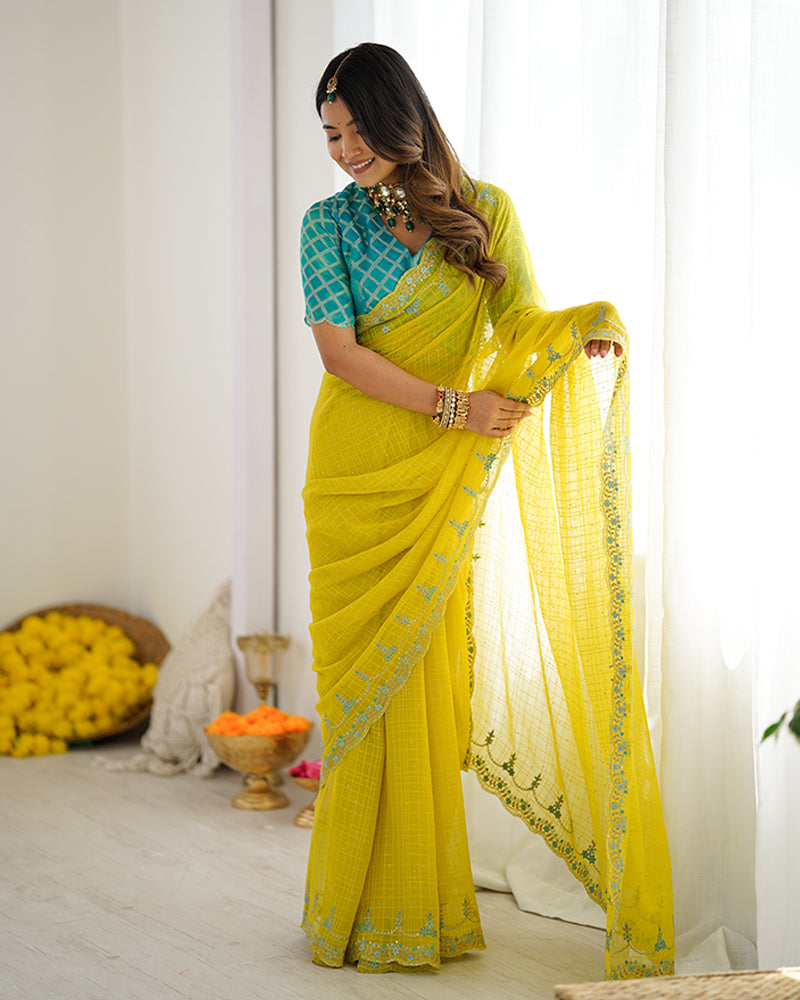 Vishal Prints Orangey Yellow Designer Fancy Chiffon Saree With Embroidery-Diamond Work And Cut Work Border
