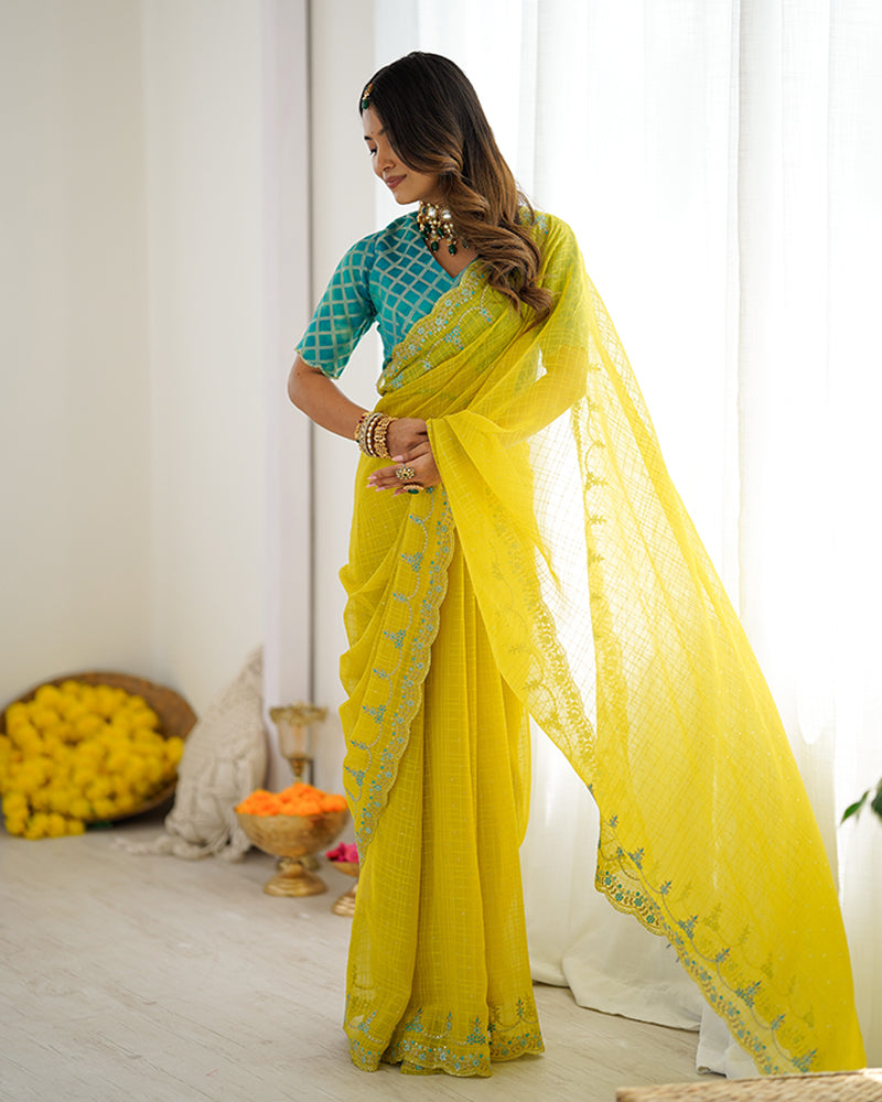 Vishal Prints Orangey Yellow Designer Fancy Chiffon Saree With Embroidery-Diamond Work And Cut Work Border