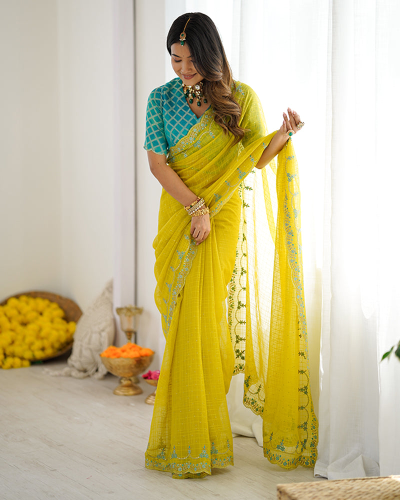 Vishal Prints Orangey Yellow Designer Fancy Chiffon Saree With Embroidery-Diamond Work And Cut Work Border