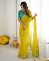 Vishal Prints Orangey Yellow Designer Fancy Chiffon Saree With Embroidery-Diamond Work And Cut Work Border