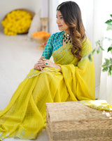 Vishal Prints Orangey Yellow Designer Fancy Chiffon Saree With Embroidery-Diamond Work And Cut Work Border