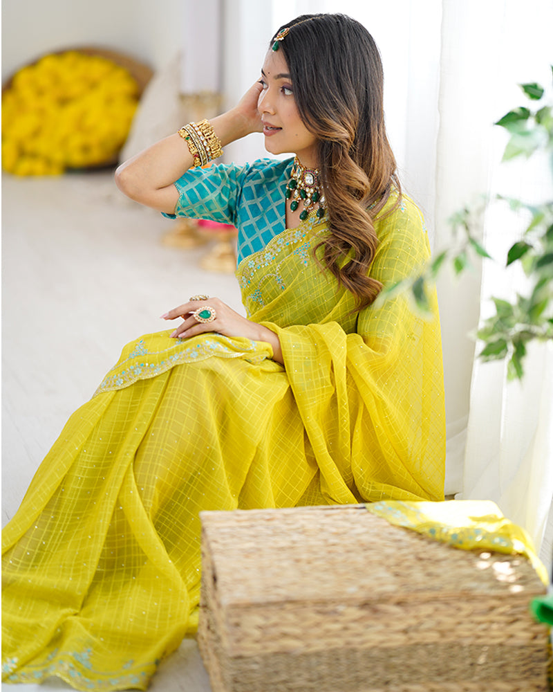 Vishal Prints Orangey Yellow Designer Fancy Chiffon Saree With Embroidery-Diamond Work And Cut Work Border