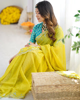 Vishal Prints Orangey Yellow Designer Fancy Chiffon Saree With Embroidery-Diamond Work And Cut Work Border