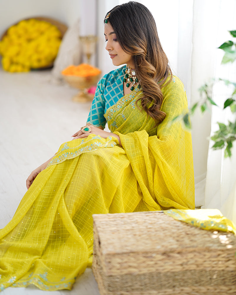 Vishal Prints Orangey Yellow Designer Fancy Chiffon Saree With Embroidery-Diamond Work And Cut Work Border