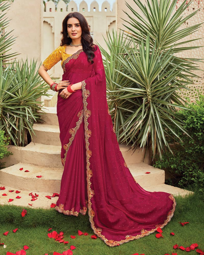 Vishal Prints Purplish Red Designer Fancy Chiffon Saree With Embroidery-Diamond Work And Cut Work Border