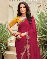 Vishal Prints Purplish Red Designer Fancy Chiffon Saree With Embroidery-Diamond Work And Cut Work Border
