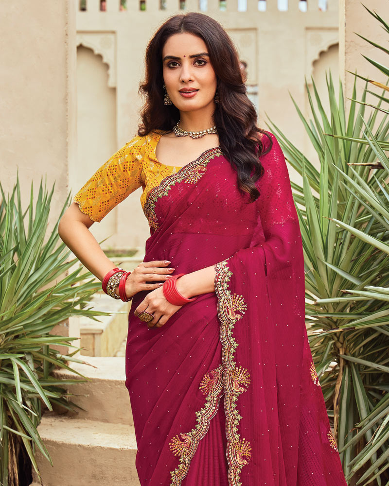 Vishal Prints Purplish Red Designer Fancy Chiffon Saree With Embroidery-Diamond Work And Cut Work Border