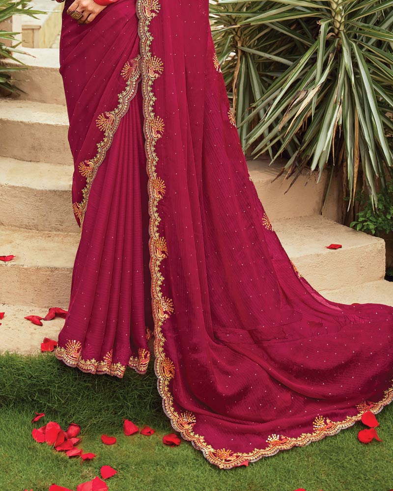 Vishal Prints Purplish Red Designer Fancy Chiffon Saree With Embroidery-Diamond Work And Cut Work Border