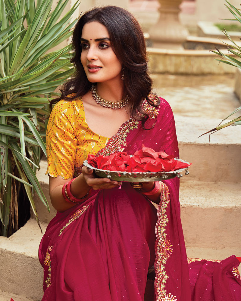 Vishal Prints Purplish Red Designer Fancy Chiffon Saree With Embroidery-Diamond Work And Cut Work Border