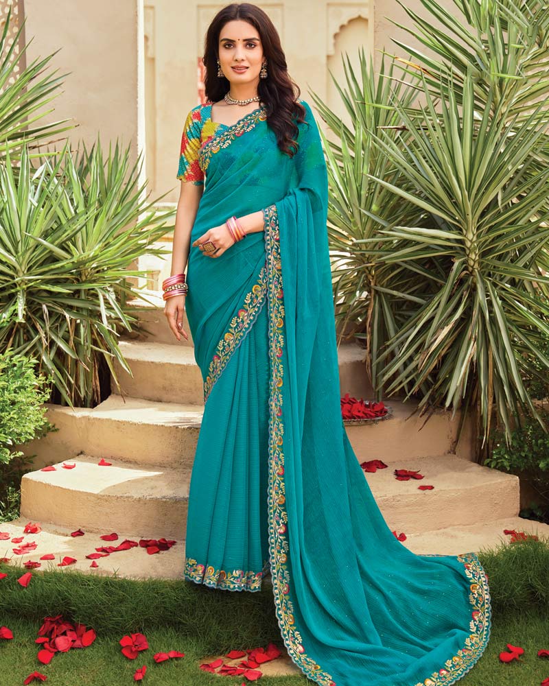 Vishal Prints Aqua Blue Designer Fancy Chiffon Saree With Embroidery-Diamond Work And Cut Work Border