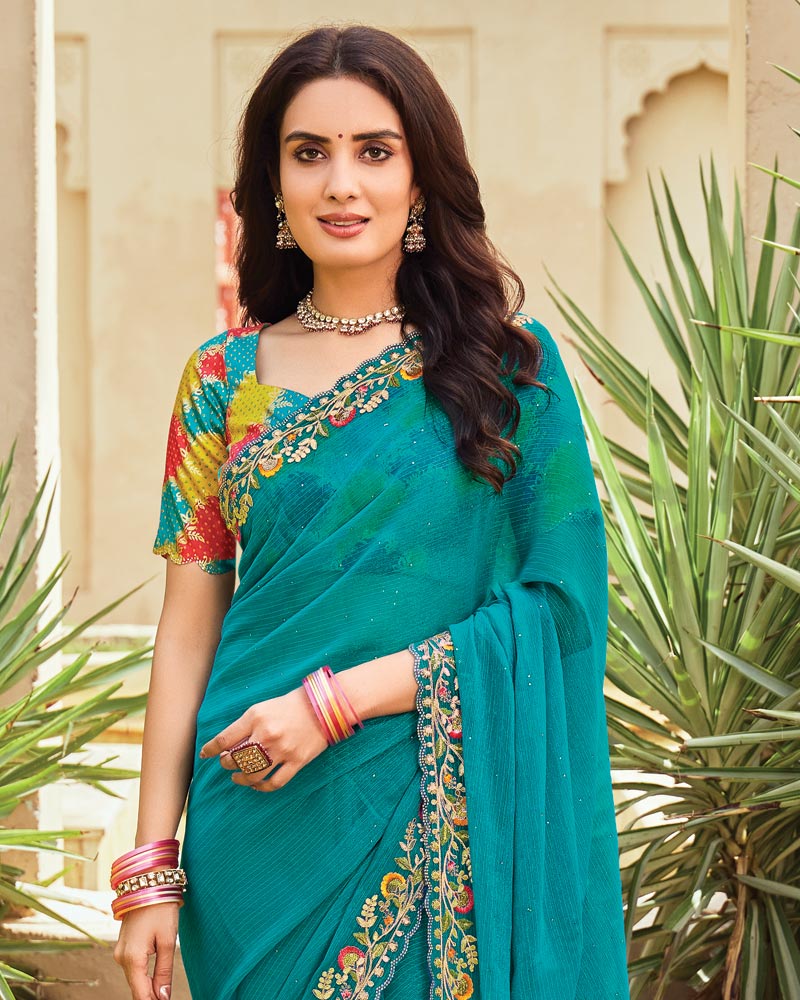 Vishal Prints Aqua Blue Designer Fancy Chiffon Saree With Embroidery-Diamond Work And Cut Work Border